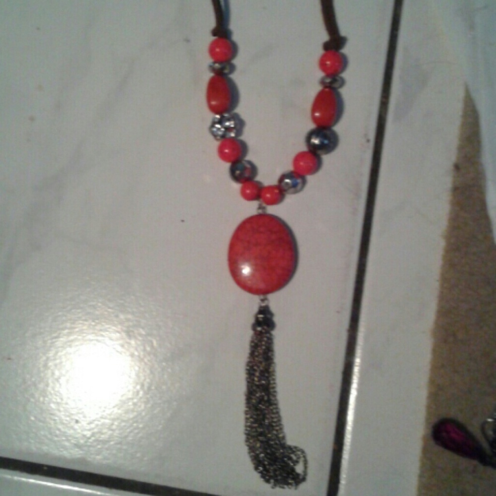 GOOD SALE! Vintage red faux stone looks real with chain tassel necklace
