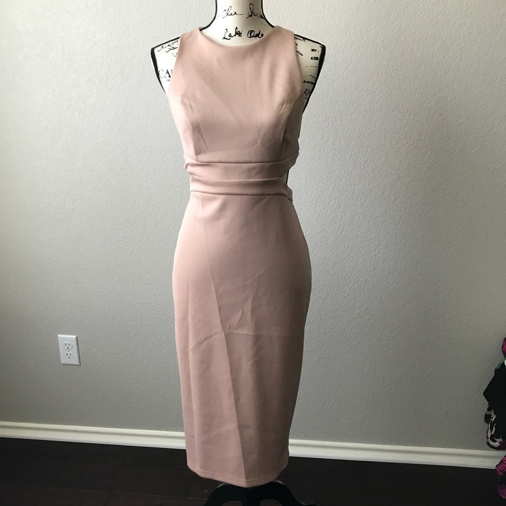 Blush pencil dress with open back.