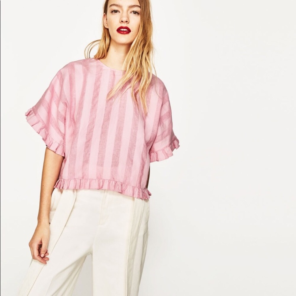 ZARA Sold-out Pink Ruffled Linen Cropped Blouse 💕