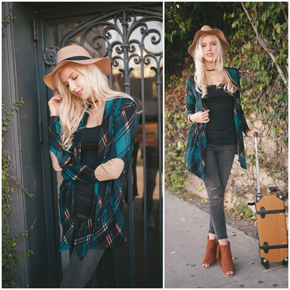 Teal Plaid Cardigan W/Elbow Patch