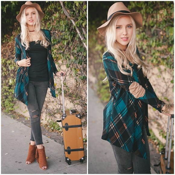 Teal Plaid Cardigan W/Elbow Patch - Picture 2 of 5