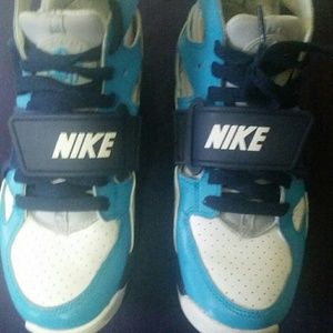 Blue and white Nike Huaraches