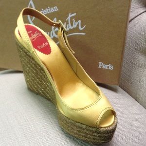 Christian Louboutin yellow satin peep toe wedges Christian Louboutin yellow satin peep toe wedges