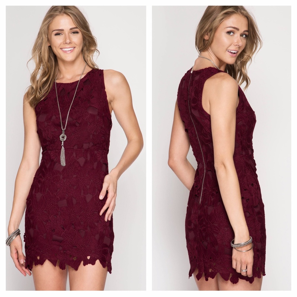 🦋MAKE AN OFFER!🦋 Burgundy Red Lace Overlay Dress - Picture 2 of 3