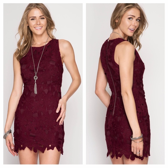 🦋MAKE AN OFFER!🦋 Burgundy Red Lace Overlay Dress - Picture 2 of 3