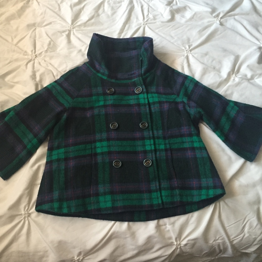 Aqua Navy/Green Plaid Wool Blend Crop Pea Coat