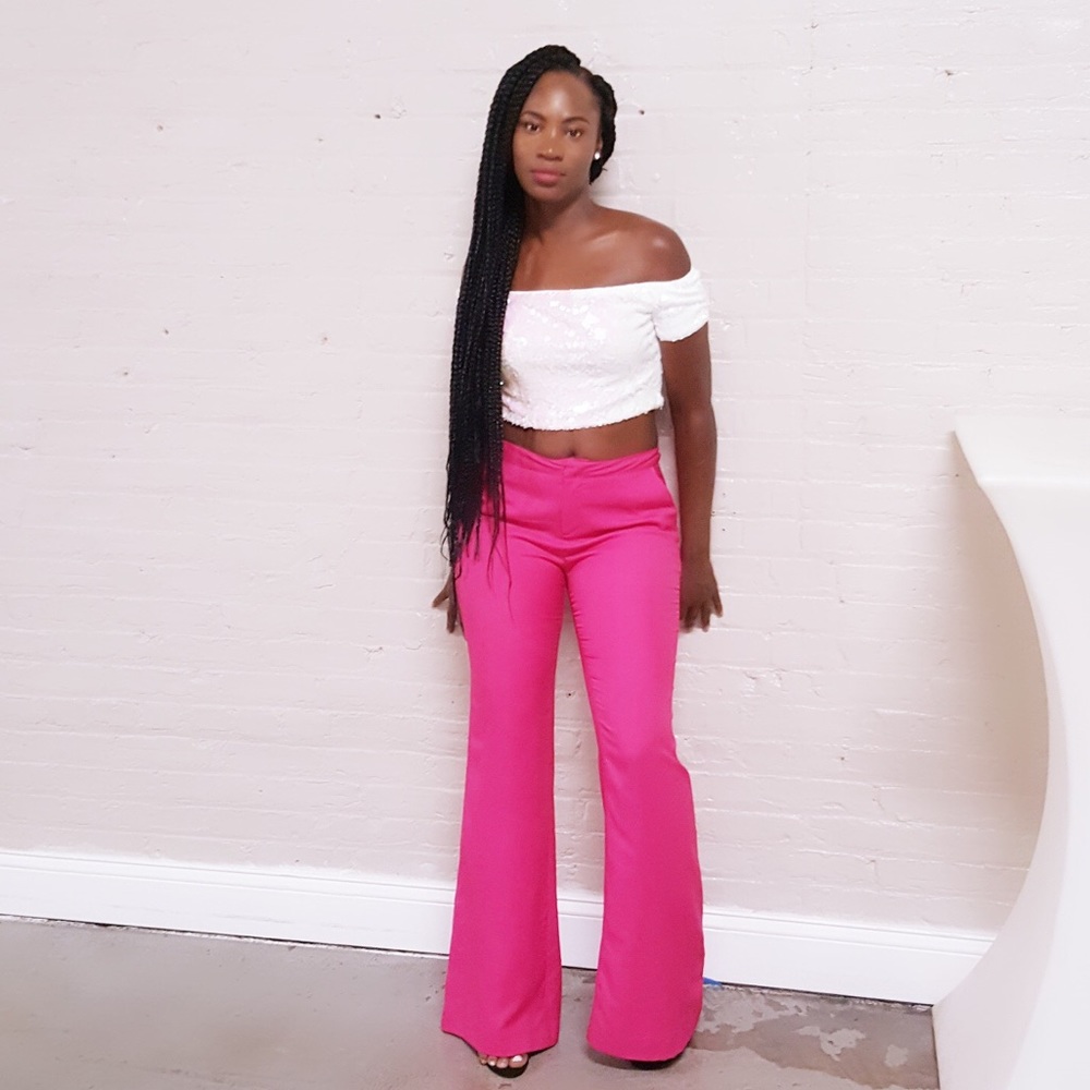 Sequins crop top with pink dress pants.