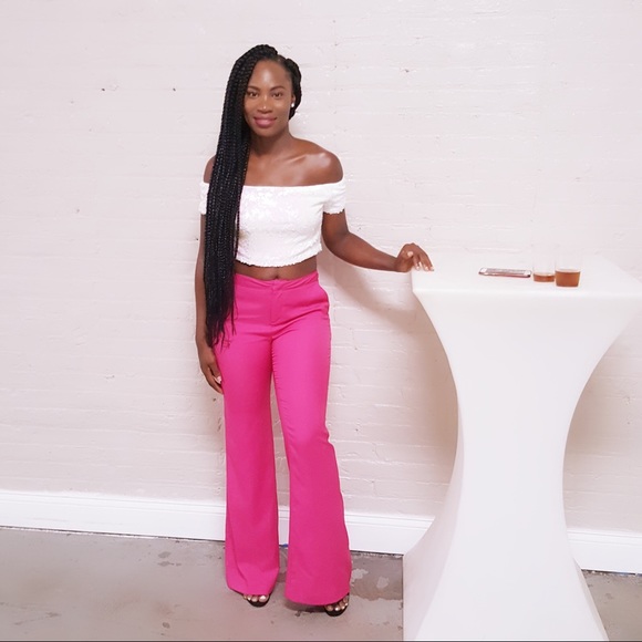 Sequins crop top with pink dress pants. - Picture 2 of 3