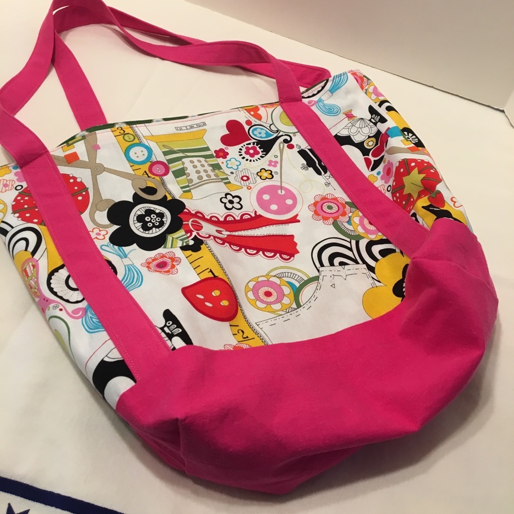 Whimsical tote pink & green handmade sewing theme