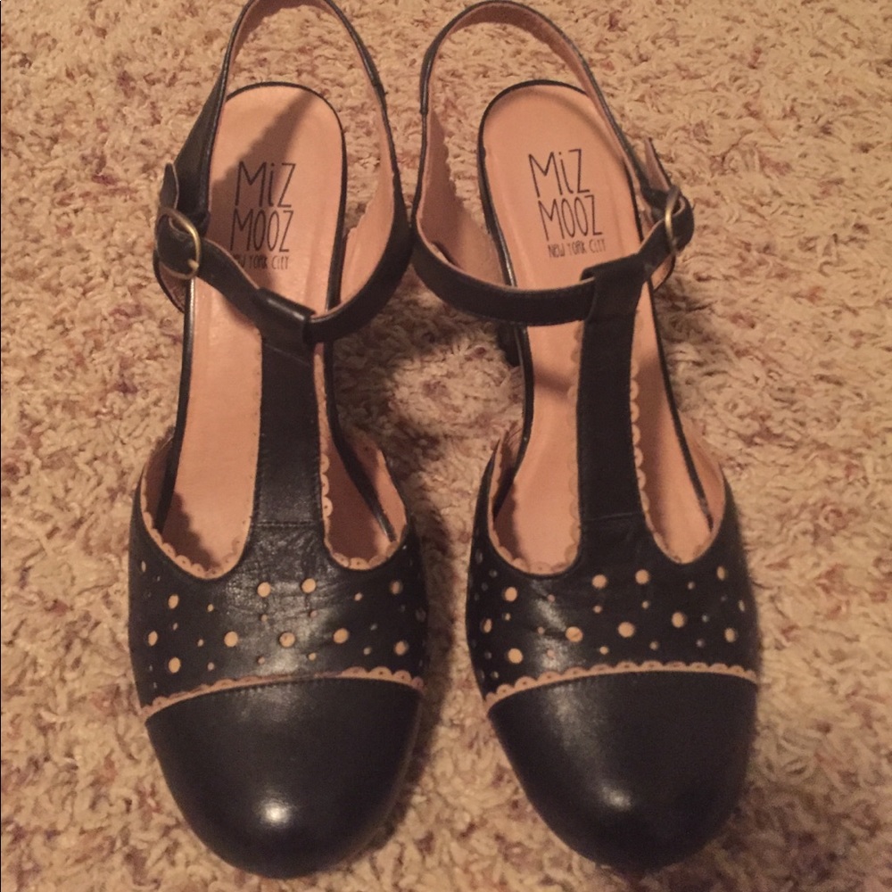Miz Mooz black with tan heeled Mary Janes