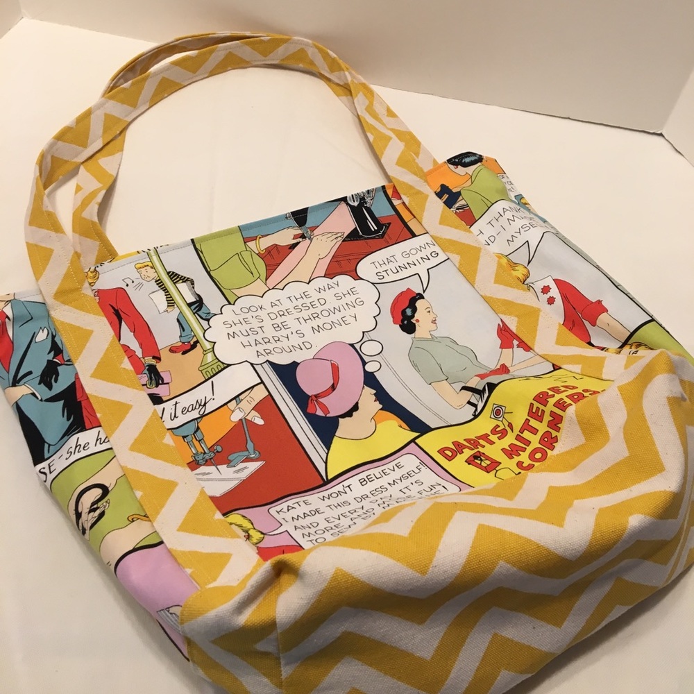 Colorful tote bag sewing theme comics handmade