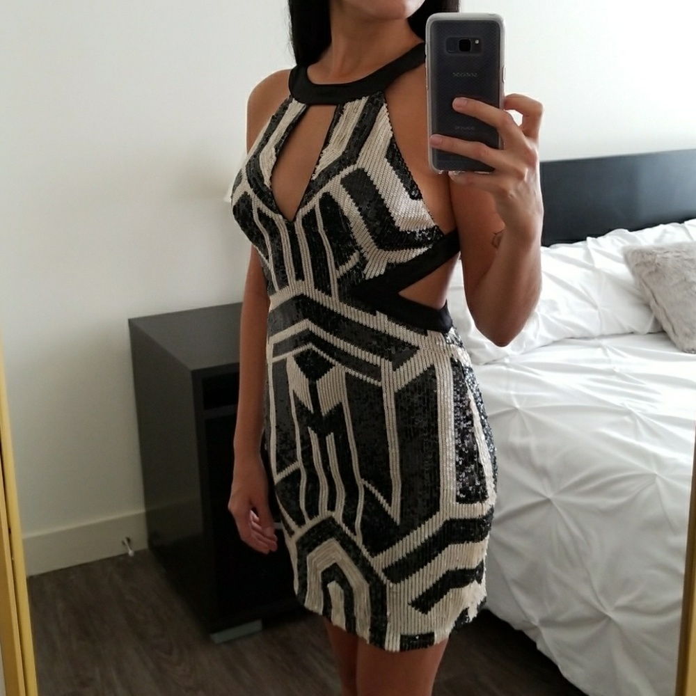 Bebe Geo Sequin Cut Out Dress