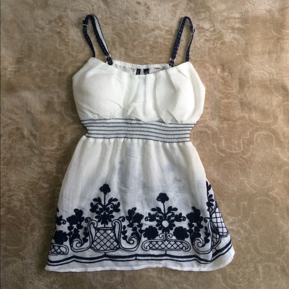 White and Navy Blue Embroidered Tank Top
