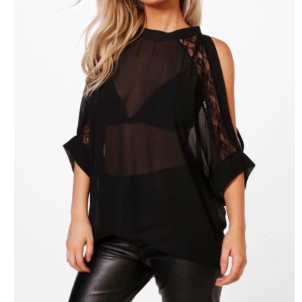 Boohoo Cold Shoulder Sheer and Lace Top NWT