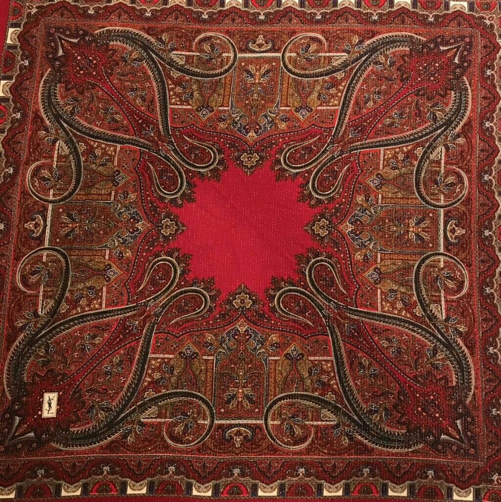 Vintage YSL Challis oversized gold/burgundy scarf