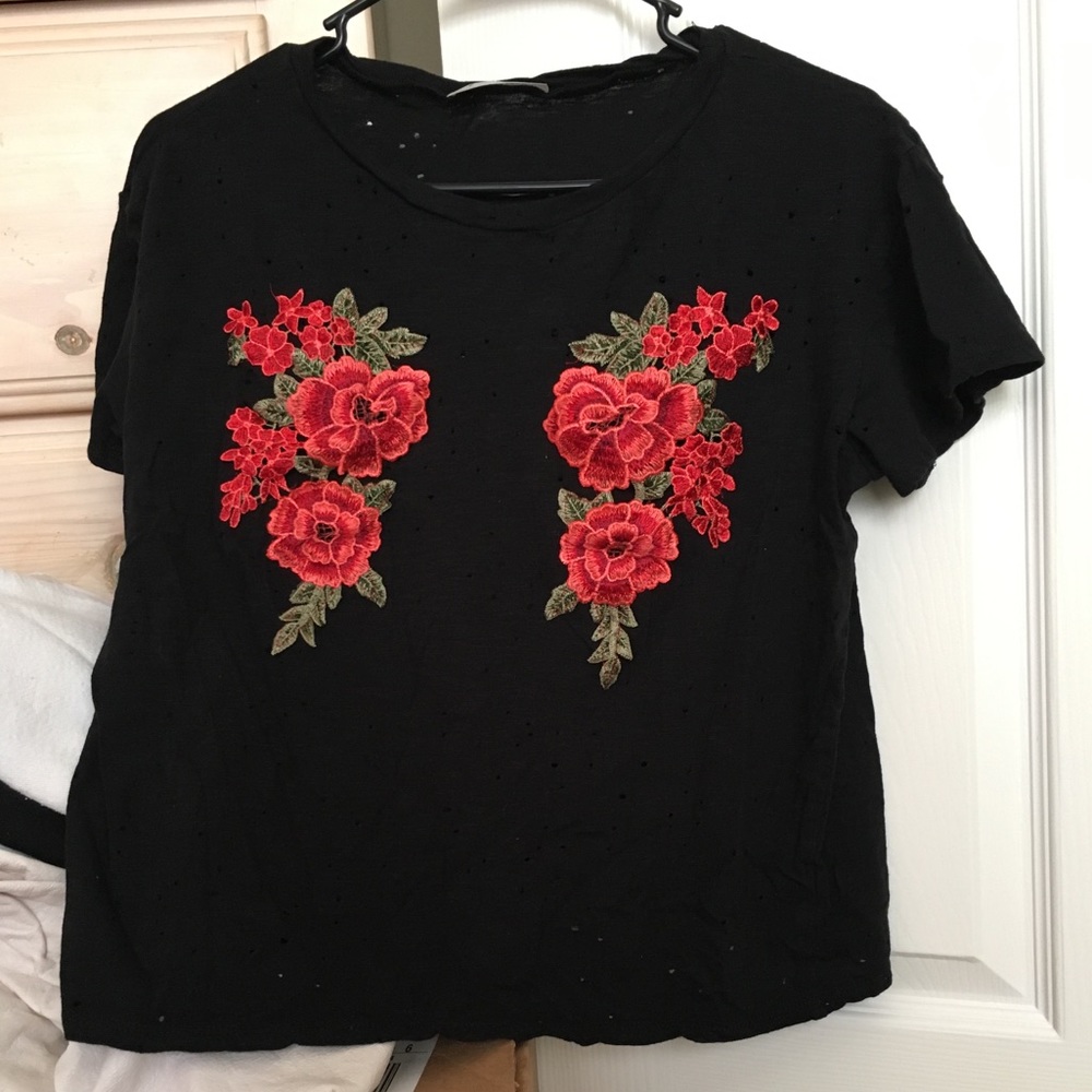 Black Embroidered Rose Top