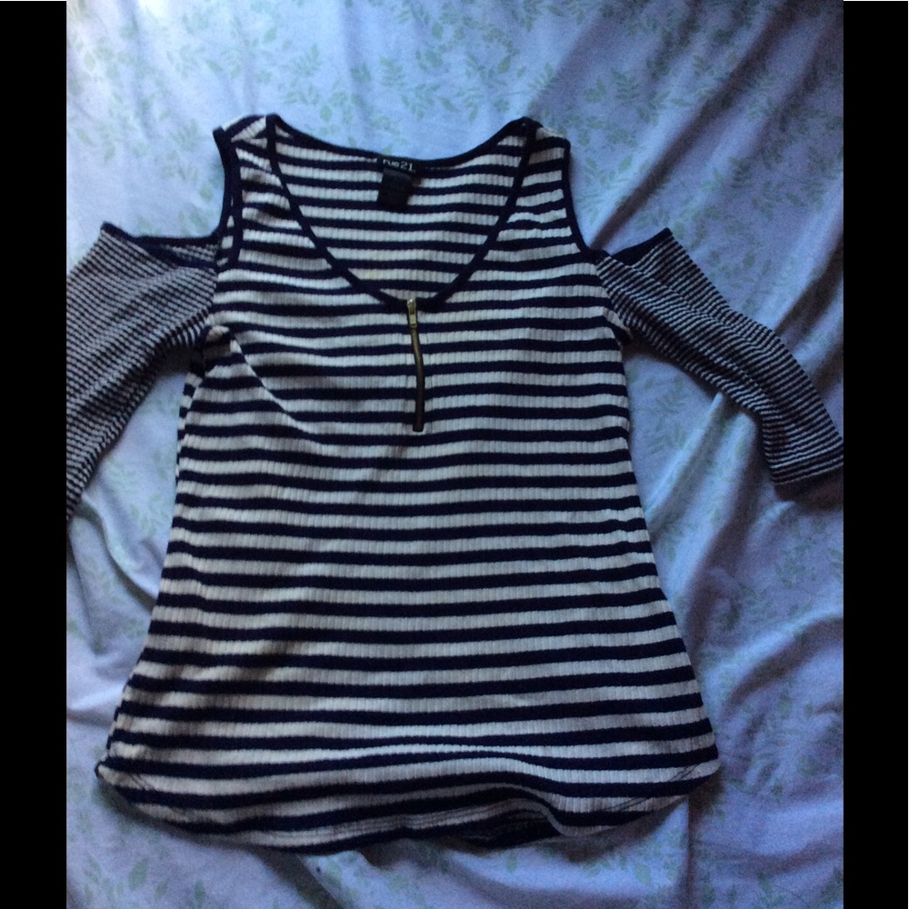 Navy blue and off white off shoulder tank