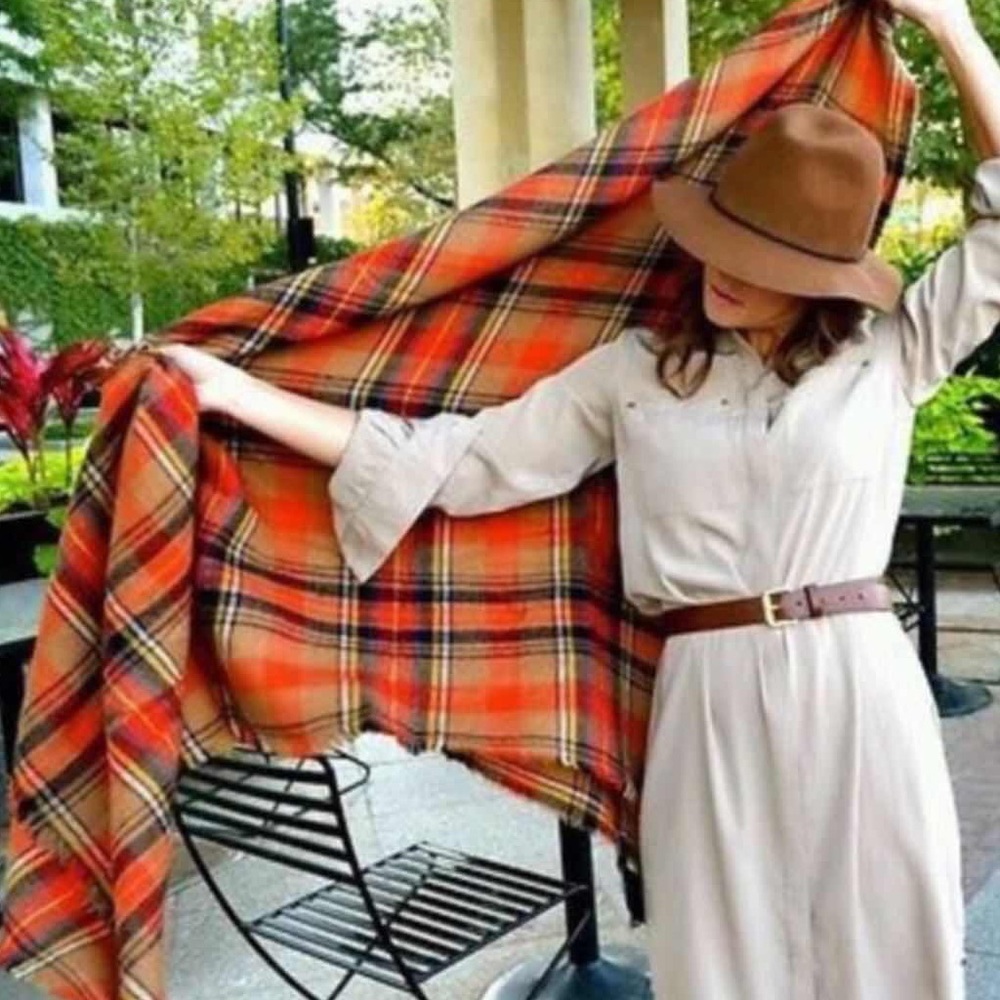 🌲🌲🌷New Orange+Brown Tartan Blanket Scarf - Picture 2 of 4