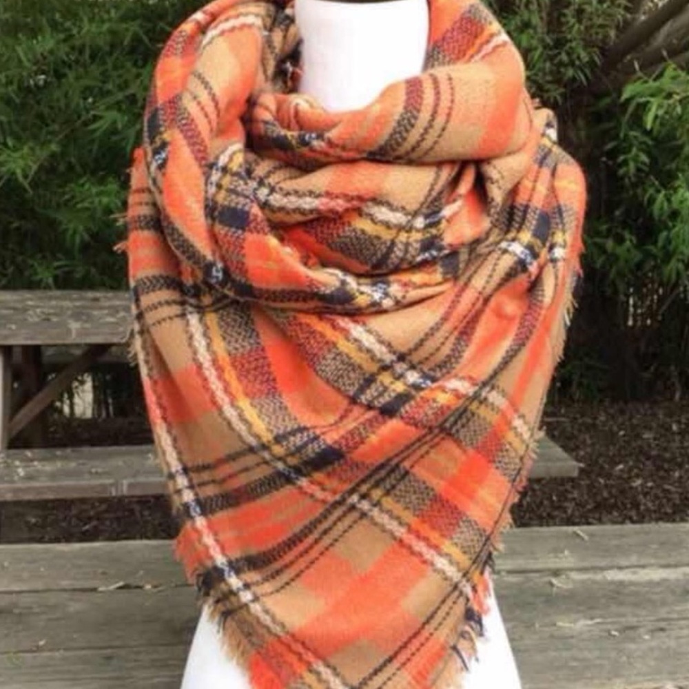 🌲🌲🌷New Orange+Brown Tartan Blanket Scarf - Picture 3 of 4