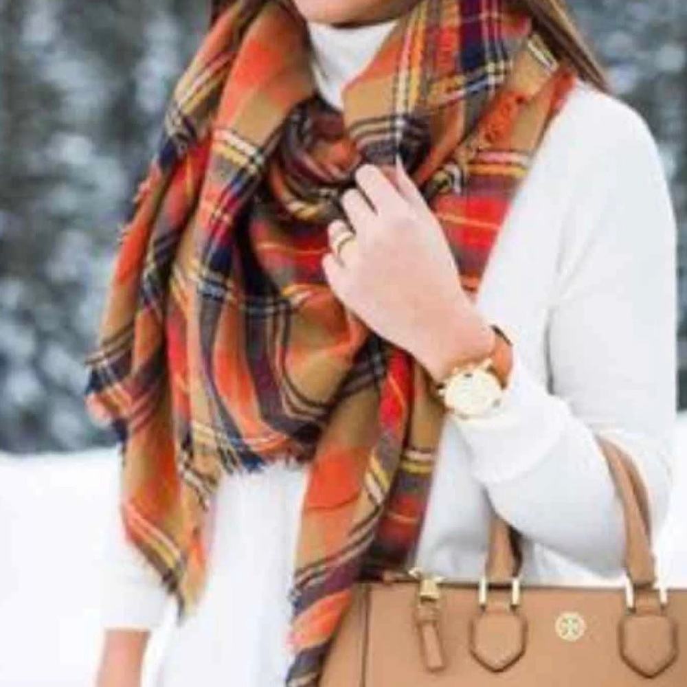 🌲🌲🌷New Orange+Brown Tartan Blanket Scarf - Picture 4 of 4