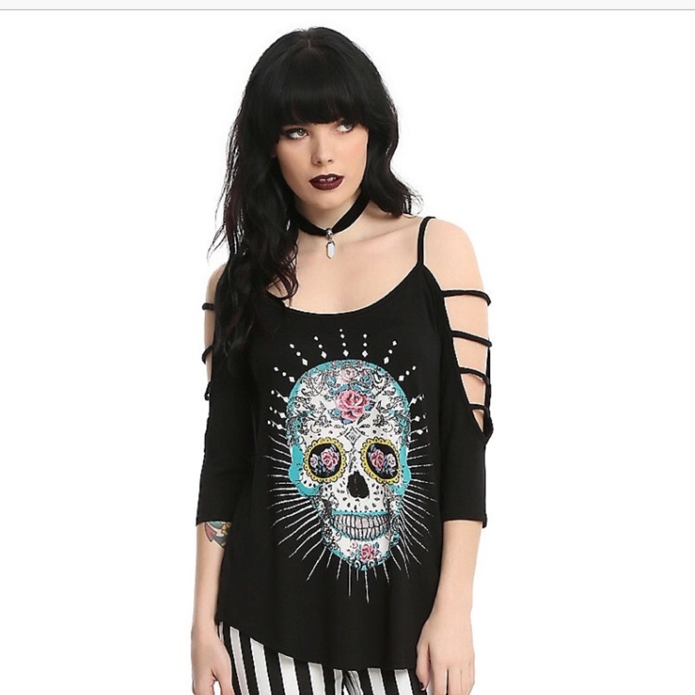 Sugar Skull Black Strappy Cold Shoulder Top