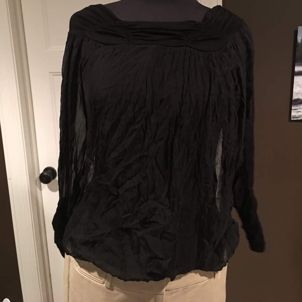 Crinkle black top with sheer sleeves