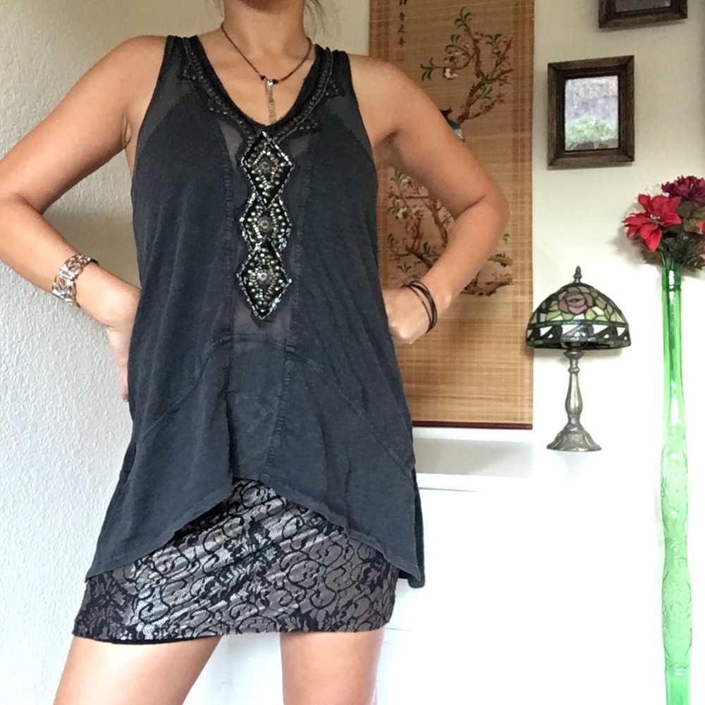 Free People Embellished Tank Top Dark Gray & Black