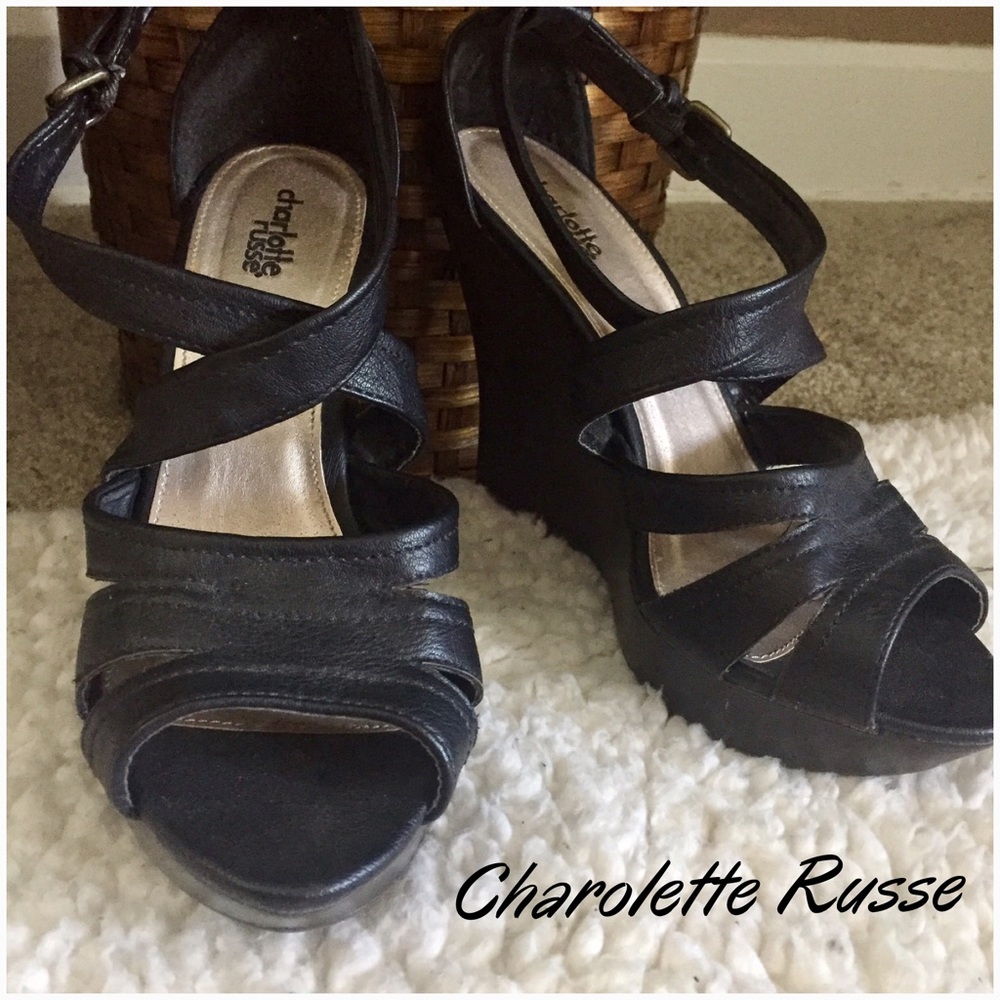 Black leather strap wedges