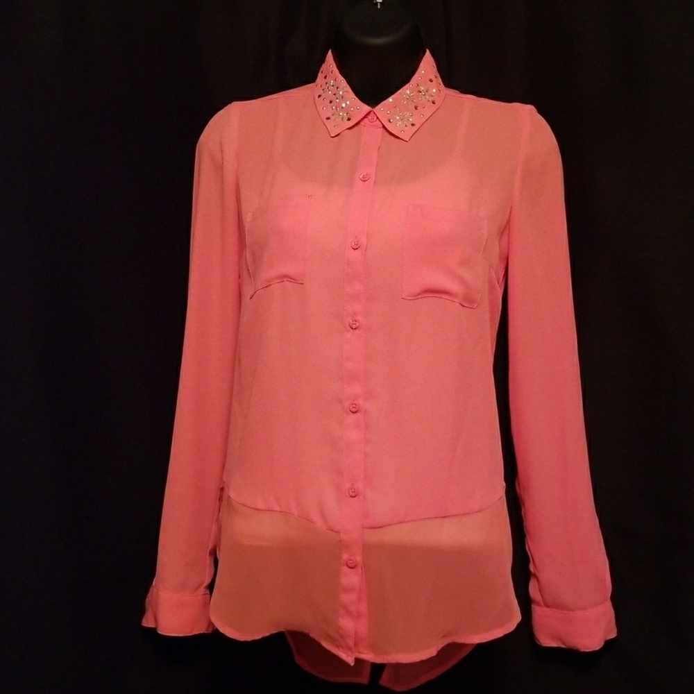 Sheer Coral Button Down Blouse