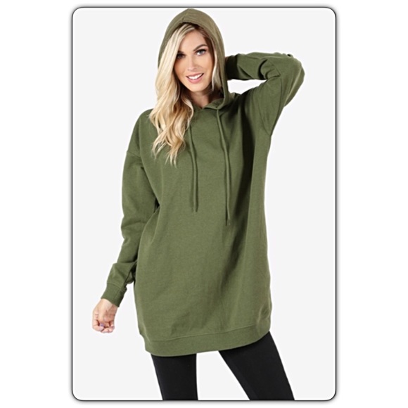 Olive Green Tunic Length Hoodie With Pockets Sold - Picture 2 of 4