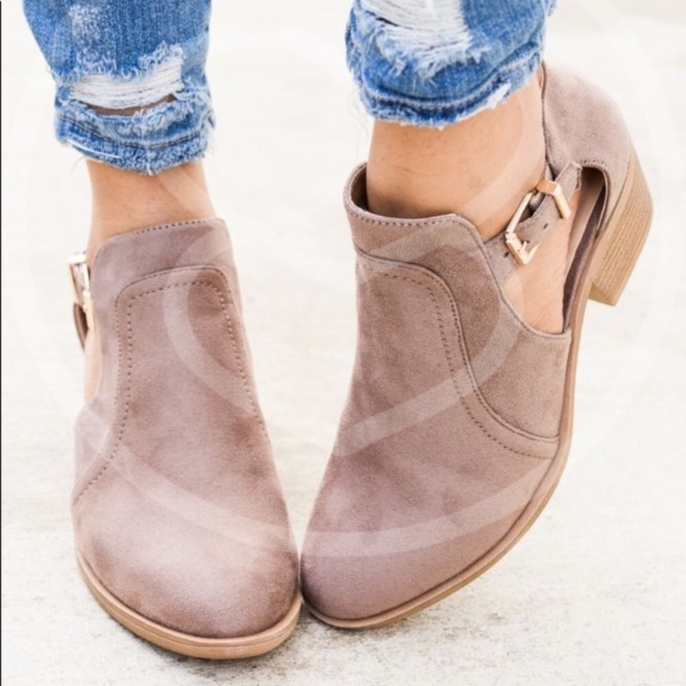 SOLD OUT - Cut Out Booties Vegan Suede in Taupe - Picture 1 of 8