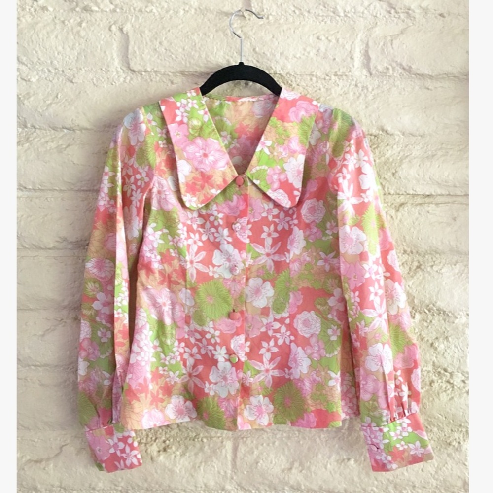 go go floral 60s vintage hippie button blouse top