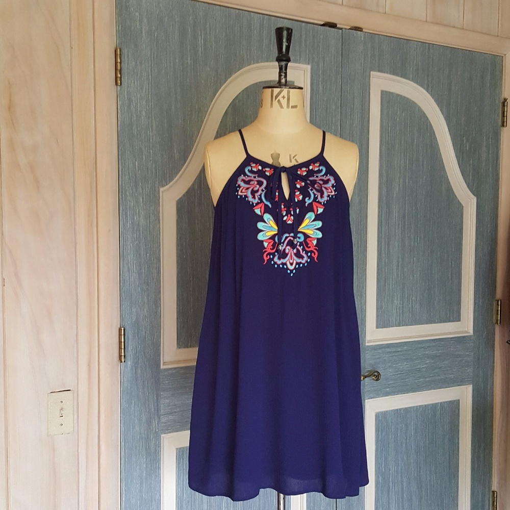 As U Wish Blue Embroidered Shift Dress - Size XS