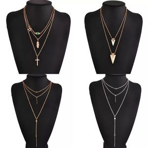 THREE TIER SILVER OR GOLD NECKLACE W/HANGING CHAIN THREE TIER SILVER OR GOLD NECKLACE W/HANGING CHAIN