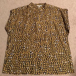 CAbi crop sleeve grey and yellow polka dot shirt