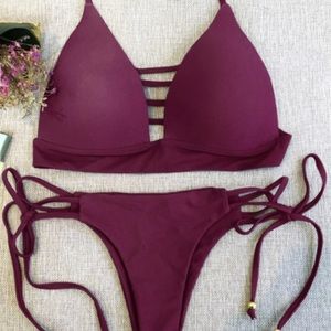 Plunge string top thong bottom gold beads bikini