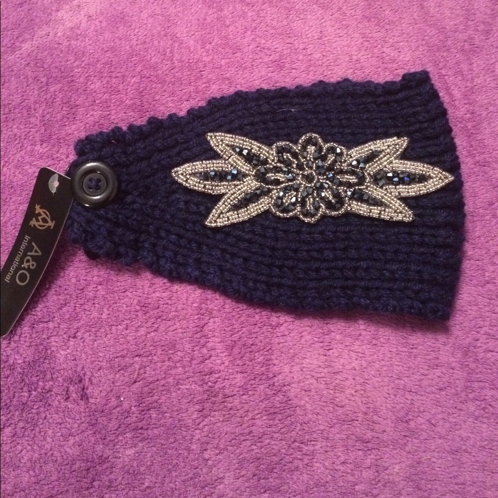 Navy Knit headband with decal