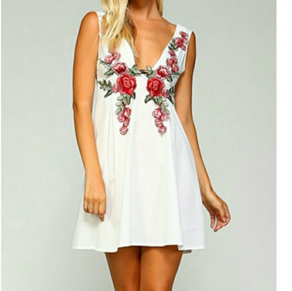 Floral embroidered mini white dress Medium and Large available - Picture 3 of 9