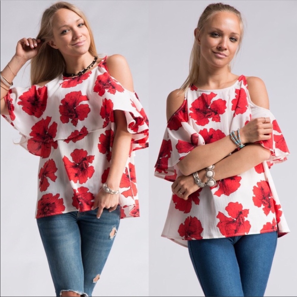 JUST IN  ! Red and white cold shoulder  Top