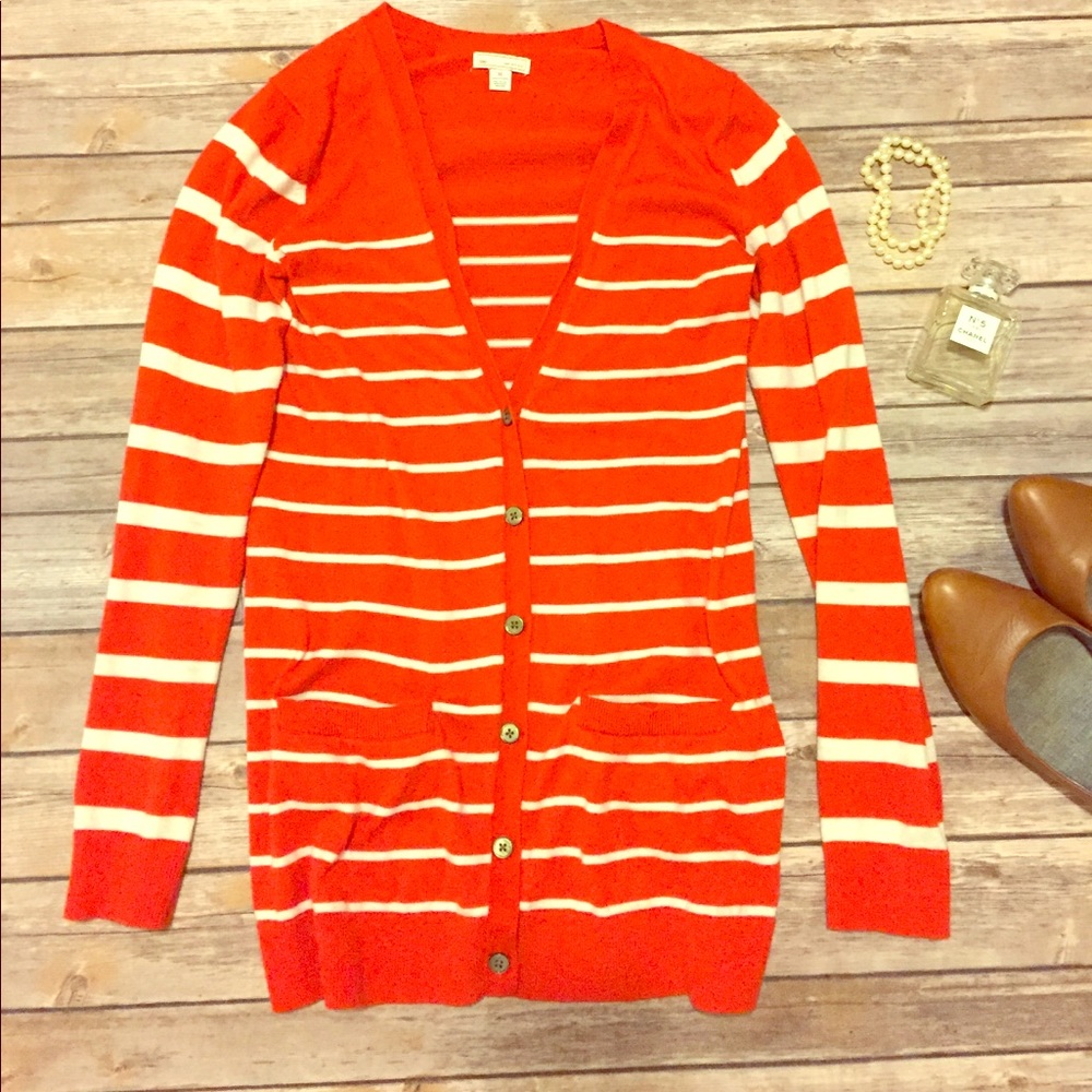 Gap Silk Blend Red and Cream Striped Cardigan