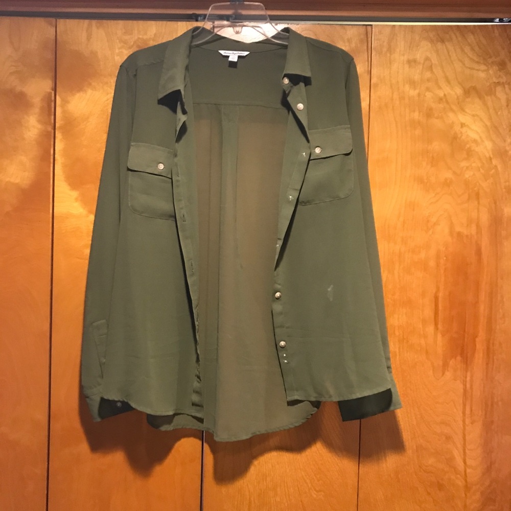 Sheer olive green button down shirt