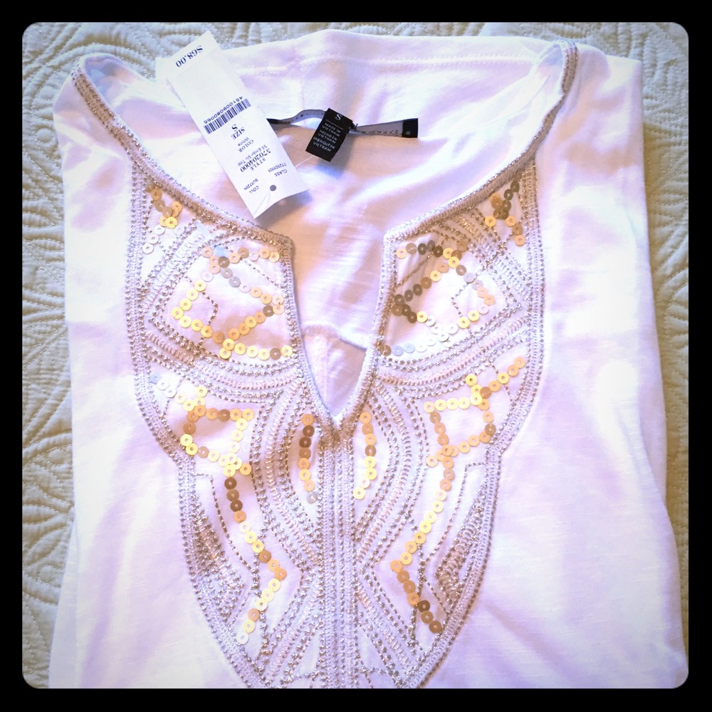 White House Black Market Cream Embellished Top