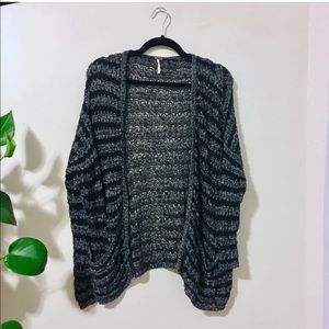 Free People Open Knit Gray Stripe Sweater Pockets
