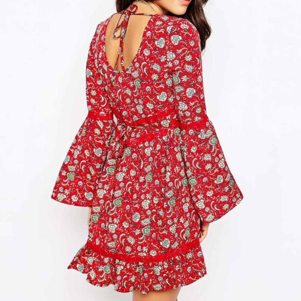NWOT Red Boho Bell Sleeve Dress - Picture 2 of 6