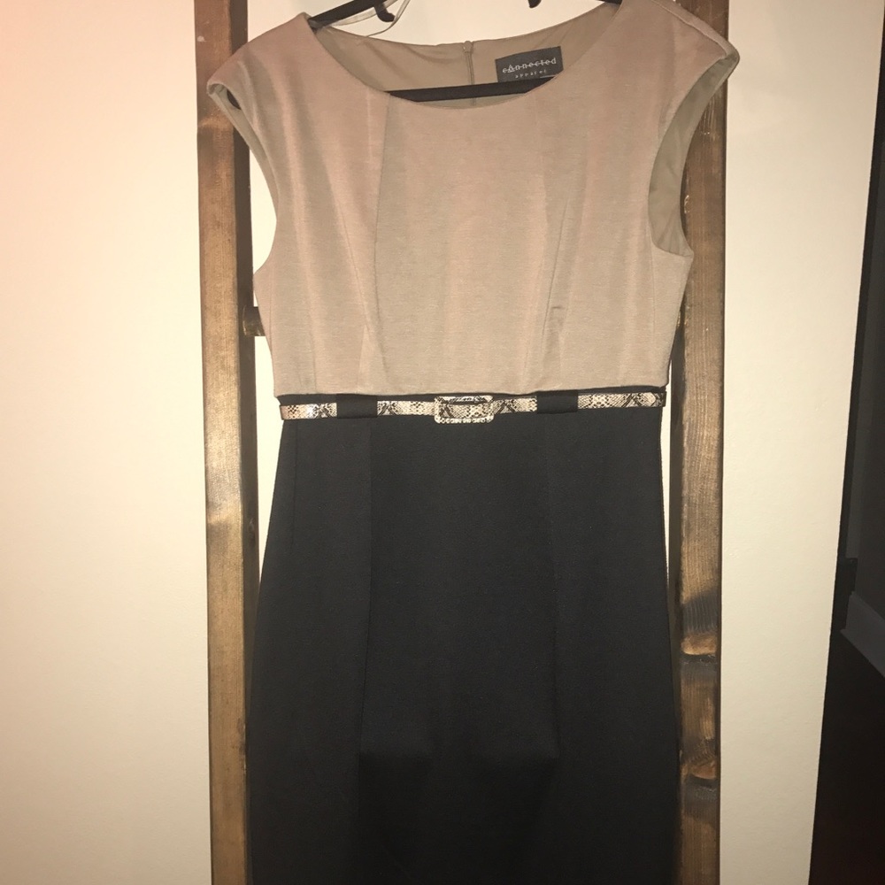 Brown/black belted sleeveless dress