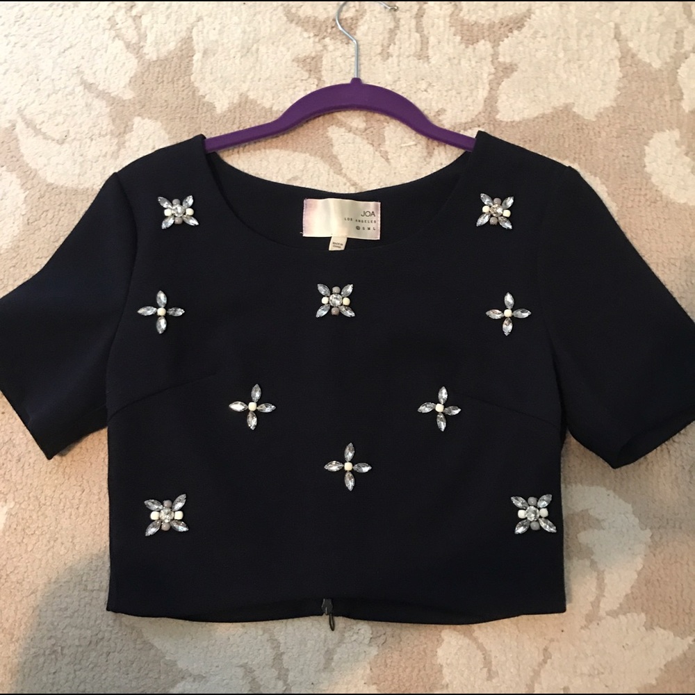 JOA Navy Crystal Studded Crop Top