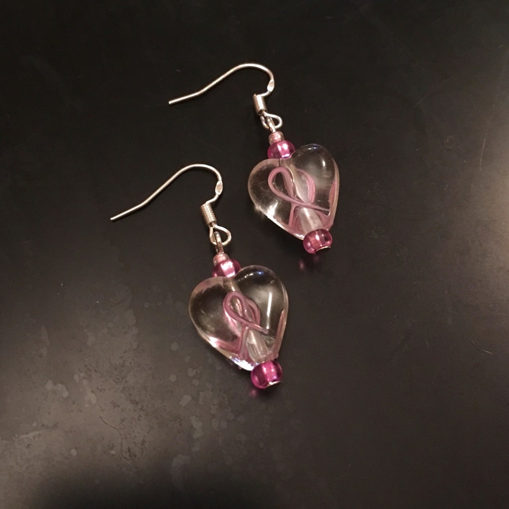 PINK RIBBON BEAST CANCER Lampwork Heart Earrings