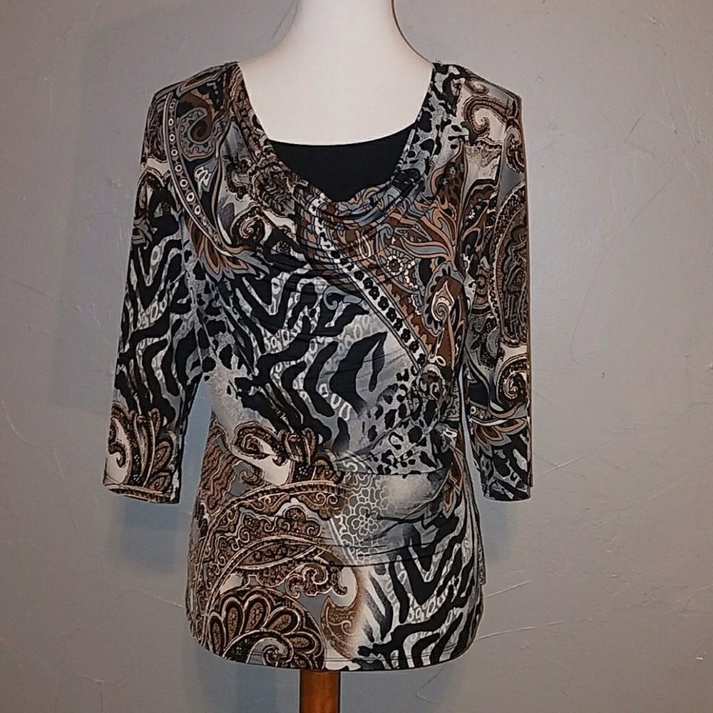 Shannon Ford Petite Brown Black Gray Animal Print Paisley Slinky Blouse Top