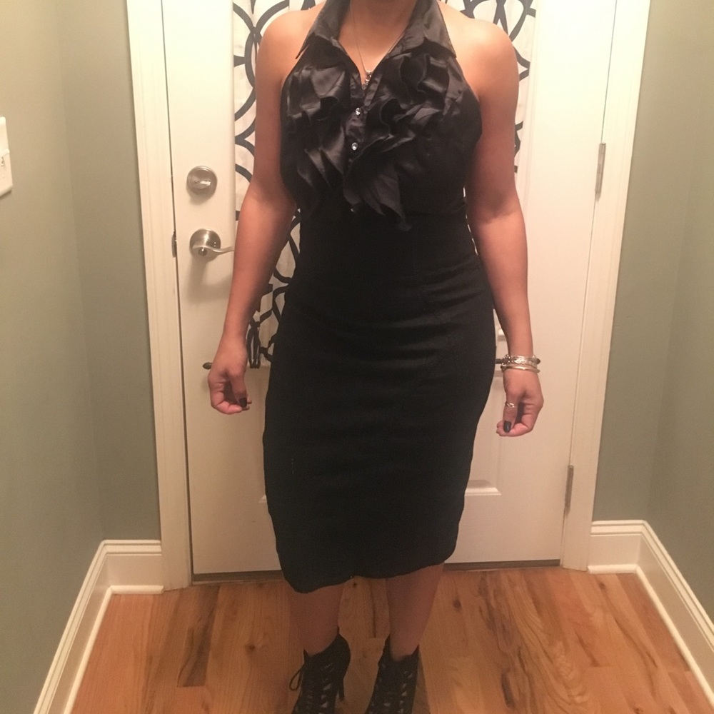 Black XoXo denim backless dress.