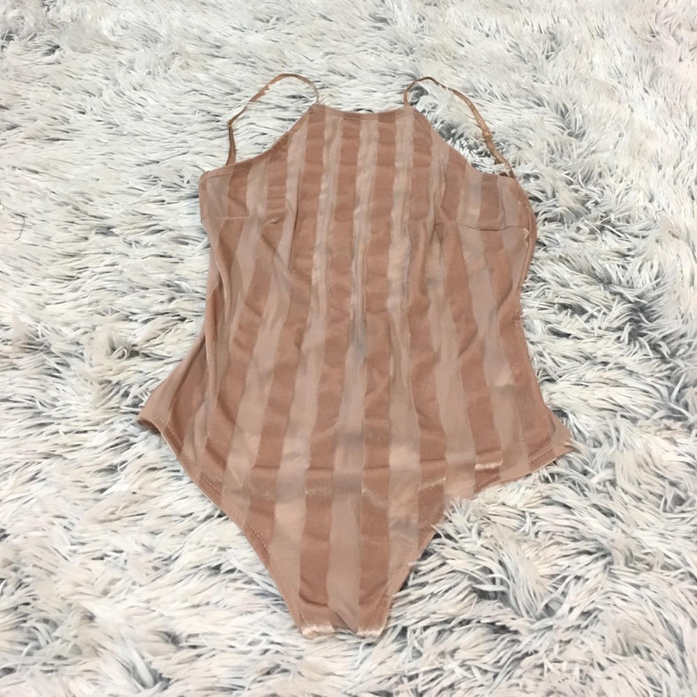 Salmon colored see through bodysuit